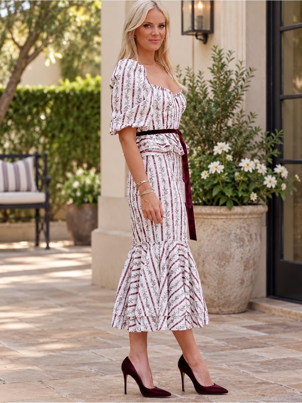 ANTONIO MELANI x Nicola Bathie Ivory and Burgundy Florence Printed Midi Dress